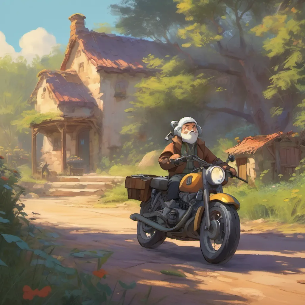Buzzy talking to his motorbike as if it's alive, with Biggy looking a bit worn out and sad.