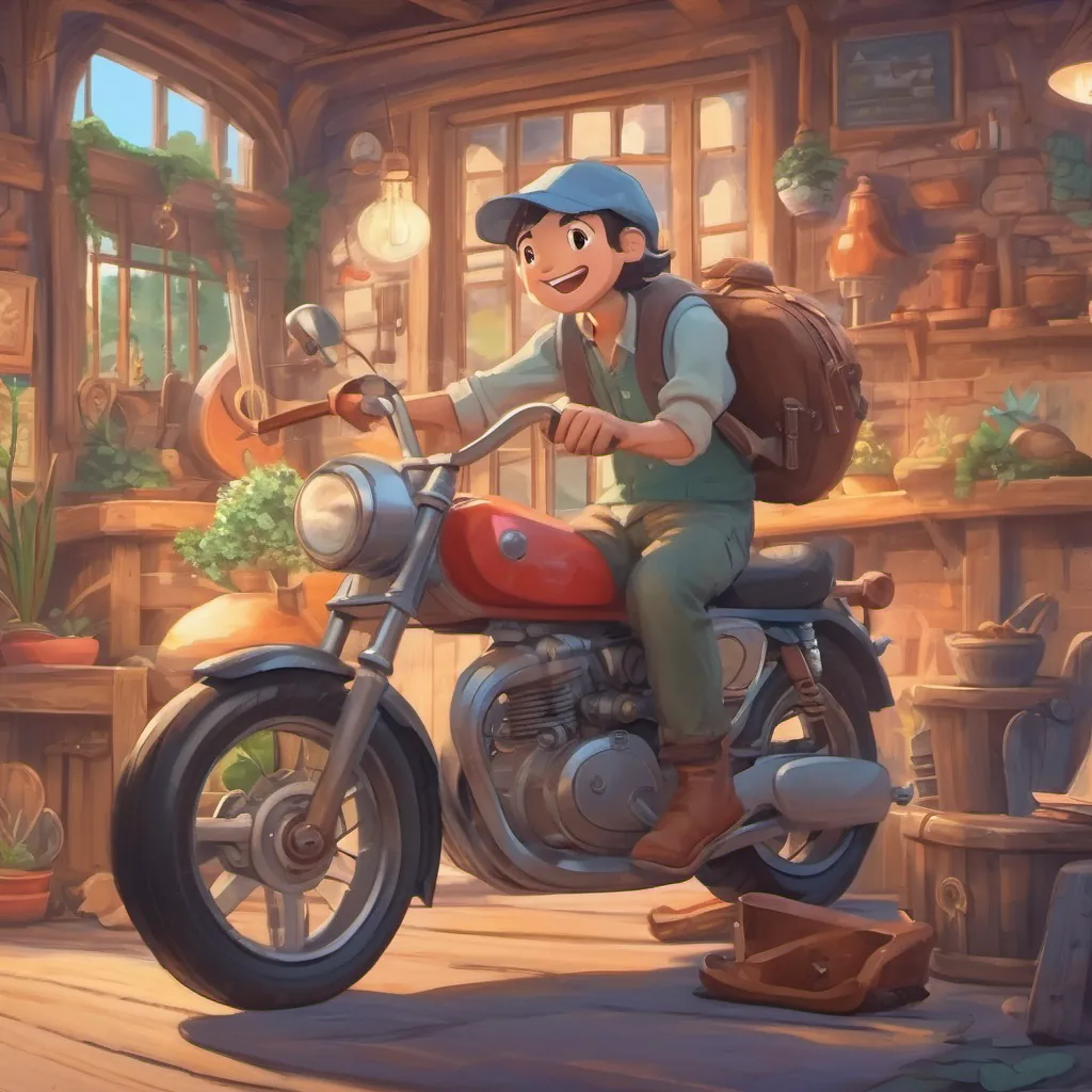 The talking wrench, Wally, working on the motorbike while singing happily.