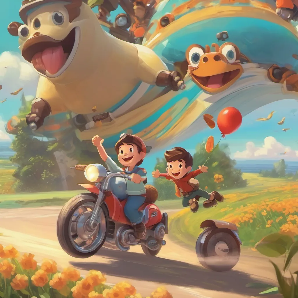 The motorbike looking brand new, with Buzzy and Wally celebrating with big smiles and high-fives.