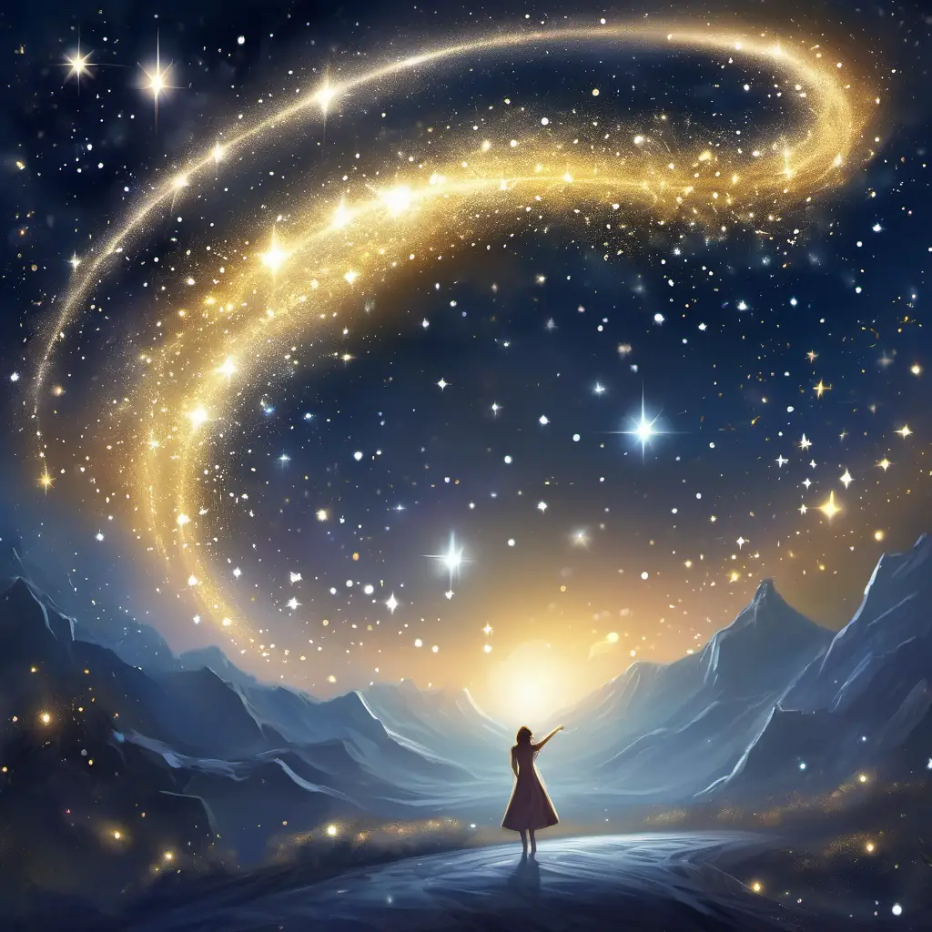 A little star with a golden glow and silver sparkles is spinning and giggling, creating a trail of twinkling stardust. The night sky is filled with little twinkling stars and the sound of A little star with a golden glow and silver sparkles's giggles.