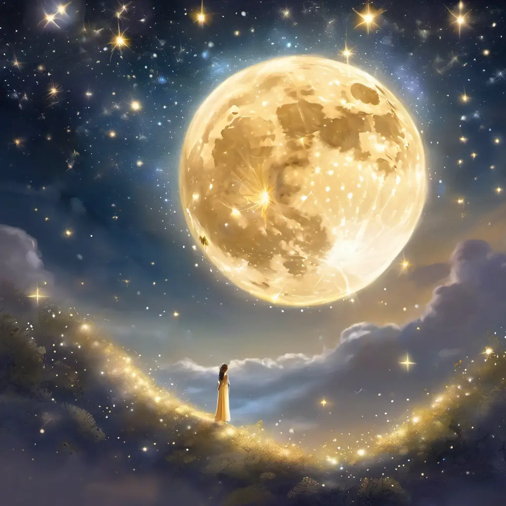 A little star with a golden glow and silver sparkles is looking up at the moon, who is smiling and sharing wisdom. The moon is surrounded by a soft glow and twinkling stars.