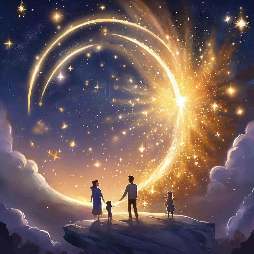 A little star with a golden glow and silver sparkles is surrounded by other twinkling stars and his parents, who are smiling at him with pride. The night sky is filled with a warm, happy glow.