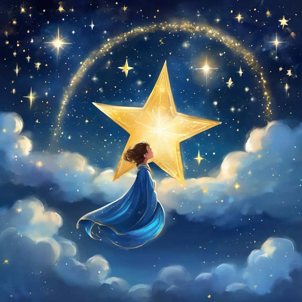 In the night sky, A little star with a golden glow and silver sparkles the star sits on a fluffy cloud, gazing at the twinkling stars around him. The stars are winking and dancing in the dark blue sky.