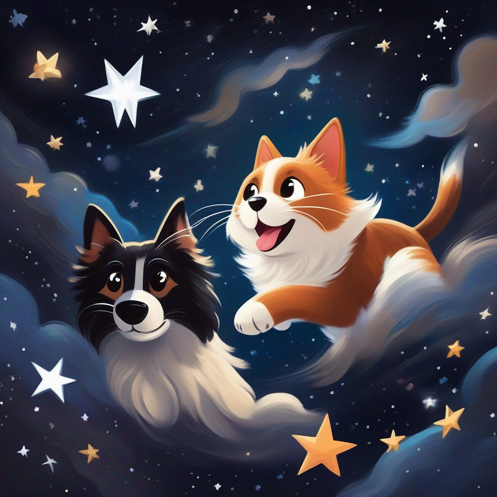 A happy dog with brown fur and a wagging tail and A playful cat with black and white fur floating in space, surrounded by stars