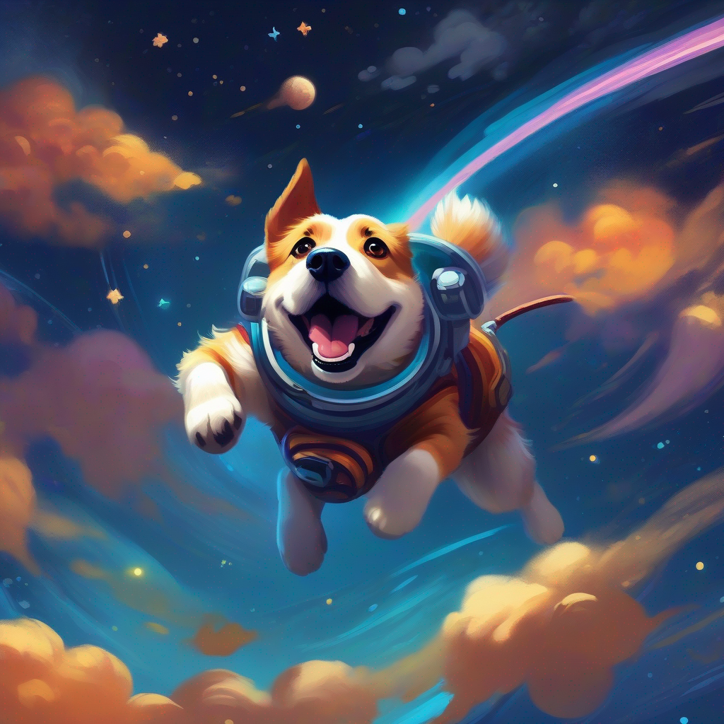 A scared dog floating in space, a scared dog floating in space