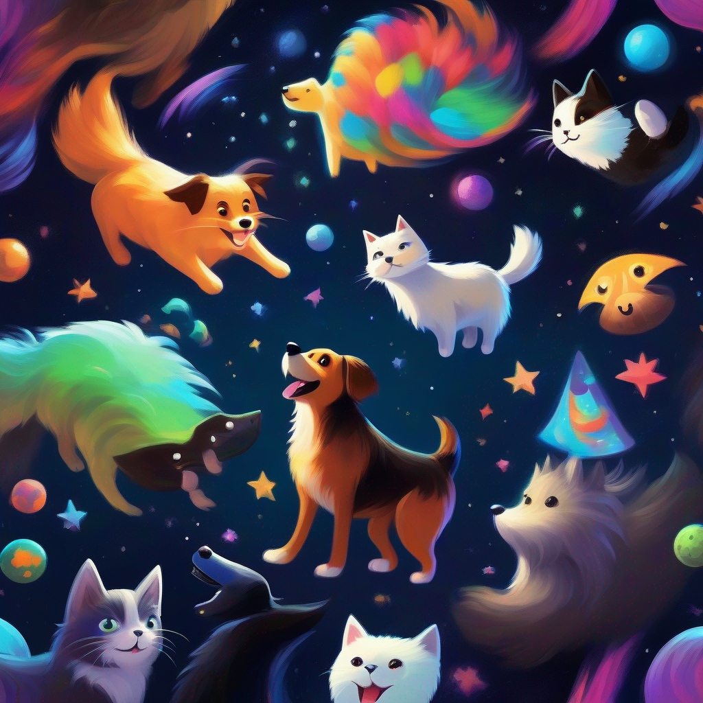 A happy dog with brown fur and a wagging tail, A playful cat with black and white fur, A scared dog floating in space, and colorful alien friends playing together