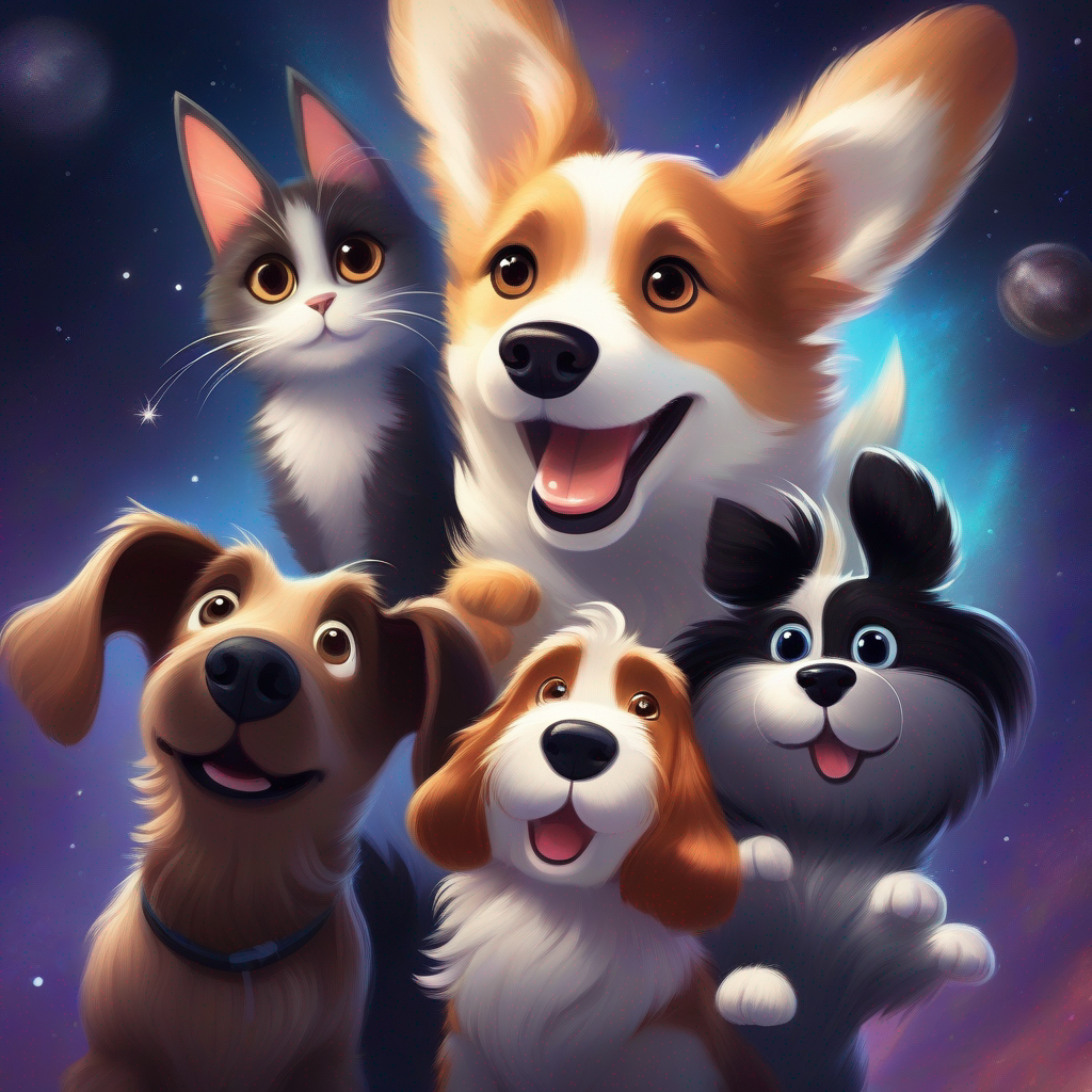 A happy dog with brown fur and a wagging tail, A playful cat with black and white fur, and A scared dog floating in space waving goodbye to their alien friends