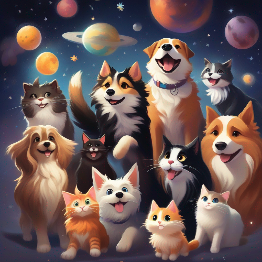 A happy dog with brown fur and a wagging tail, A playful cat with black and white fur, A scared dog floating in space, and their happy families celebrating their reunion