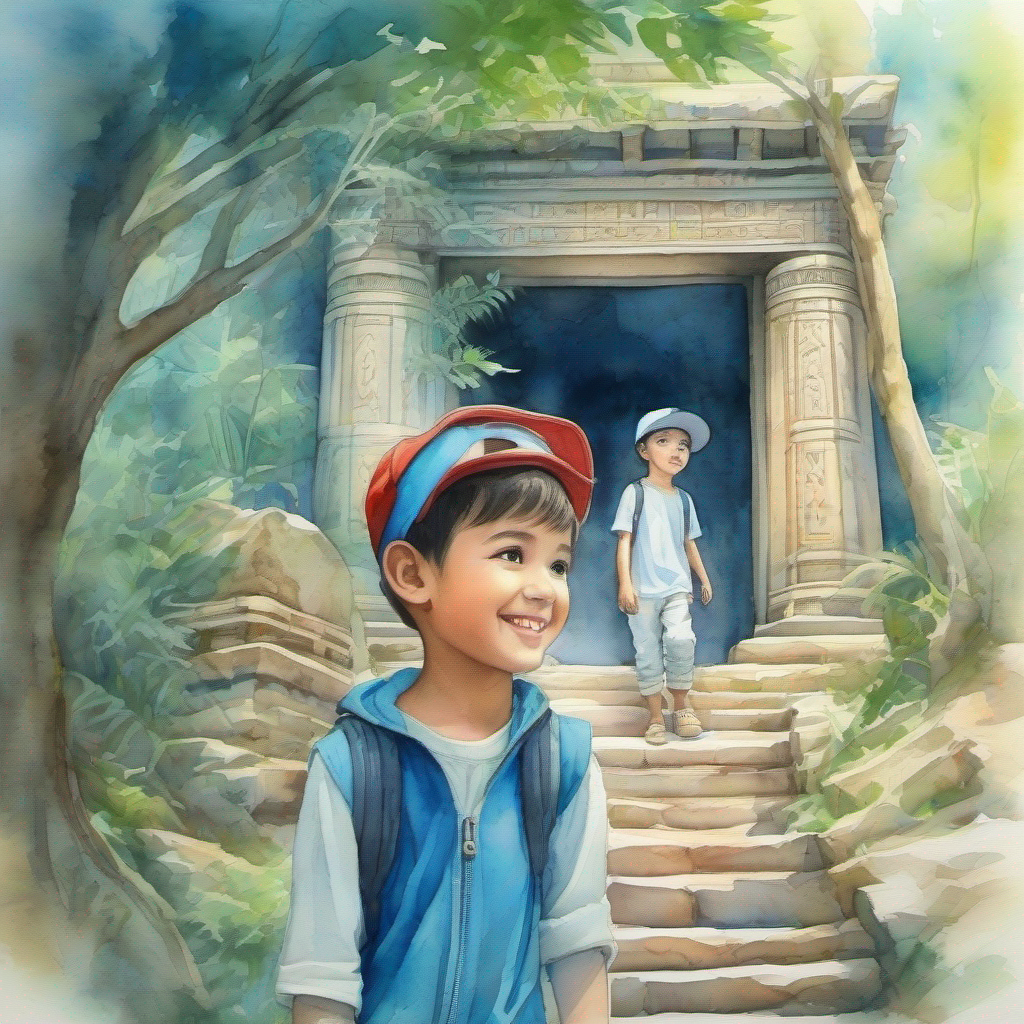 A boy with curiosity, wearing a blue cap. and A girl with a captivating smile and bright eyes. explored an ancient temple in a dense forest.