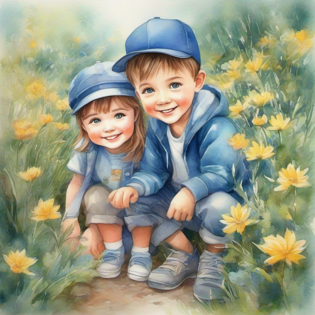 A boy with curiosity, wearing a blue cap. and A girl with a captivating smile and bright eyes.'s love blossomed through their adventure together.