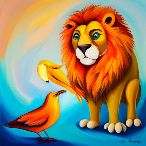 A friendly lion with a golden mane the lion and A smart bird with colorful feathers the bird meet