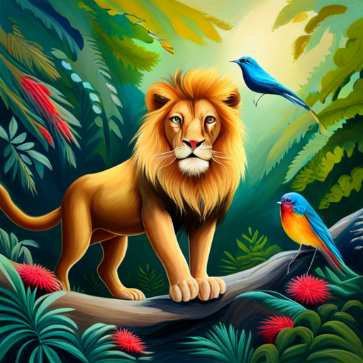 A friendly lion with a golden mane carries branches for A smart bird with colorful feathers's nest