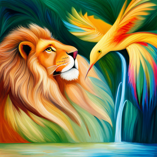 A friendly lion with a golden mane and A smart bird with colorful feathers work together to find water