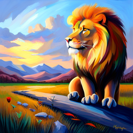 Other animals see A friendly lion with a golden mane and A smart bird with colorful feathers's friendship
