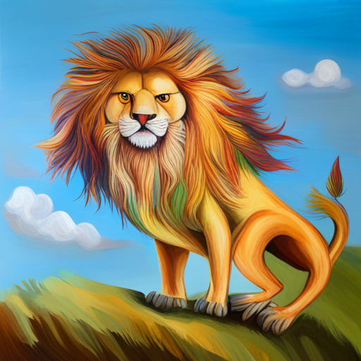 A smart bird with colorful feathers and A friendly lion with a golden mane playing and having fun
