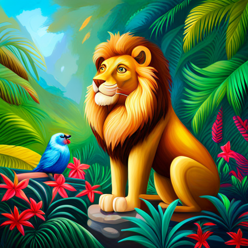 A statue of A friendly lion with a golden mane and A smart bird with colorful feathers in the jungle