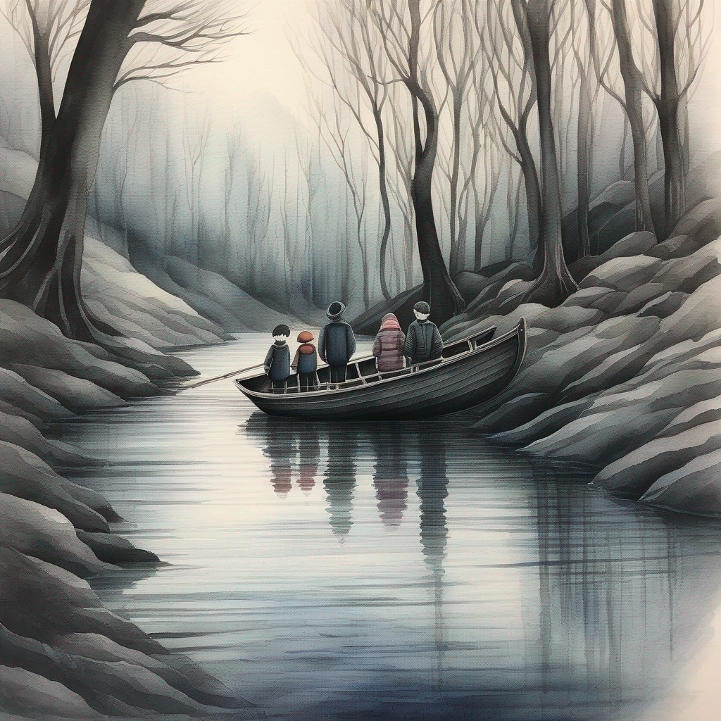 Dark river with a sad family