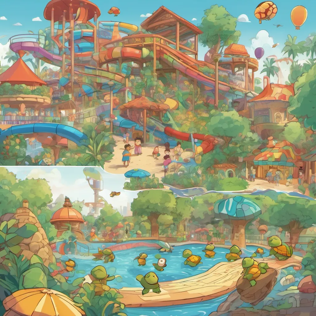 A lively waterpark filled with turtles playing in the water, colorful water slides, and a smiling Johnny being welcomed with playful cheers.
