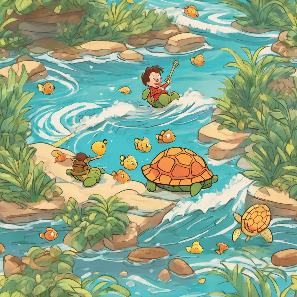Johnny and Timmy playing in a turtle-shaped pool, creating tall waves and laughing with joy.