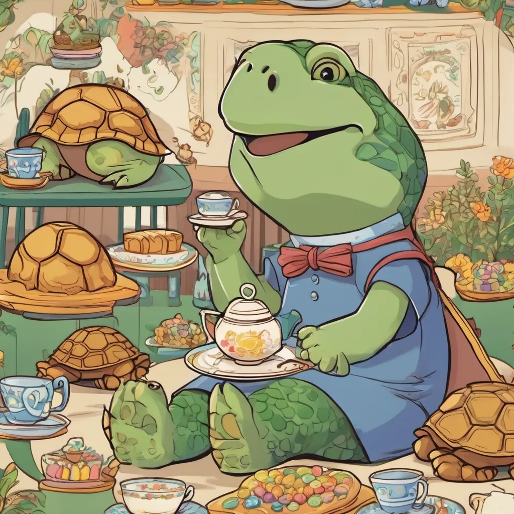 Johnny sitting with turtles at their tea party, enjoying tea and cookies, as a large turtle stands up to announce the turtle tango.
