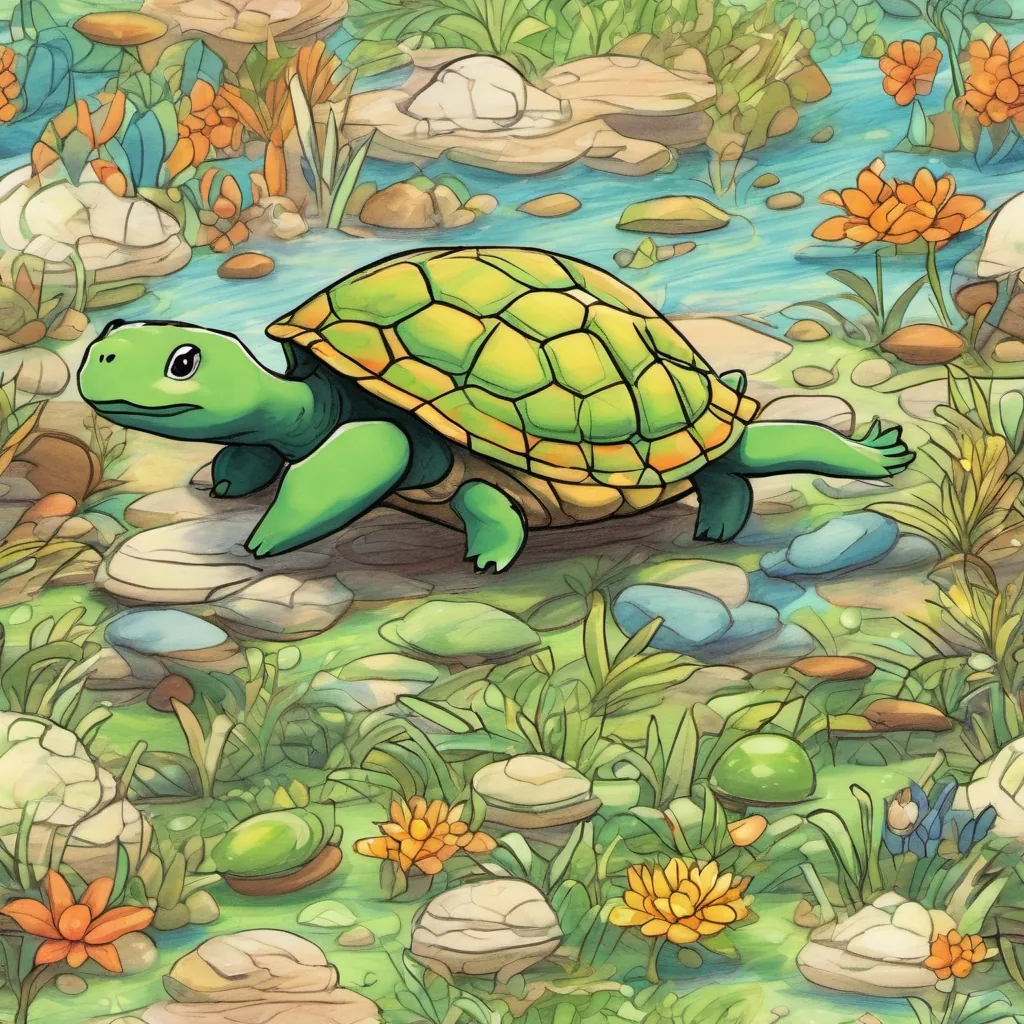 Johnny dancing the turtle tango with a group of turtles, tapping their feet rhythmically and joyfully.
