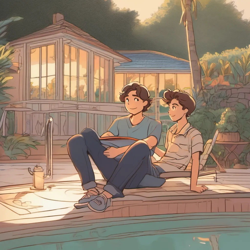 Johnny sitting next to Timmy by the pool, both looking content and happy as the day winds down, with soft evening light surrounding them.