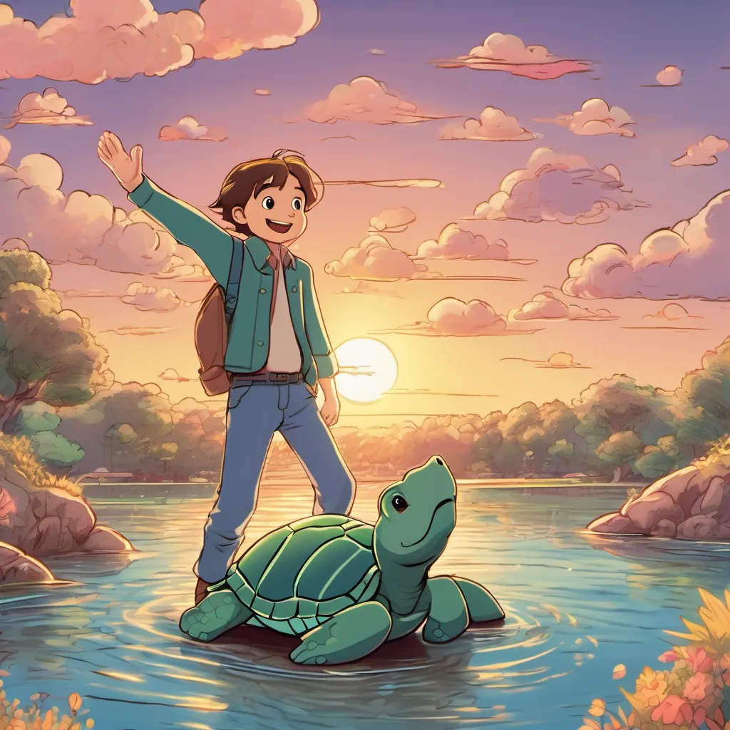 Johnny waving goodbye to his turtle friends as they cheer and clap, with a dreamy sunset in the background.