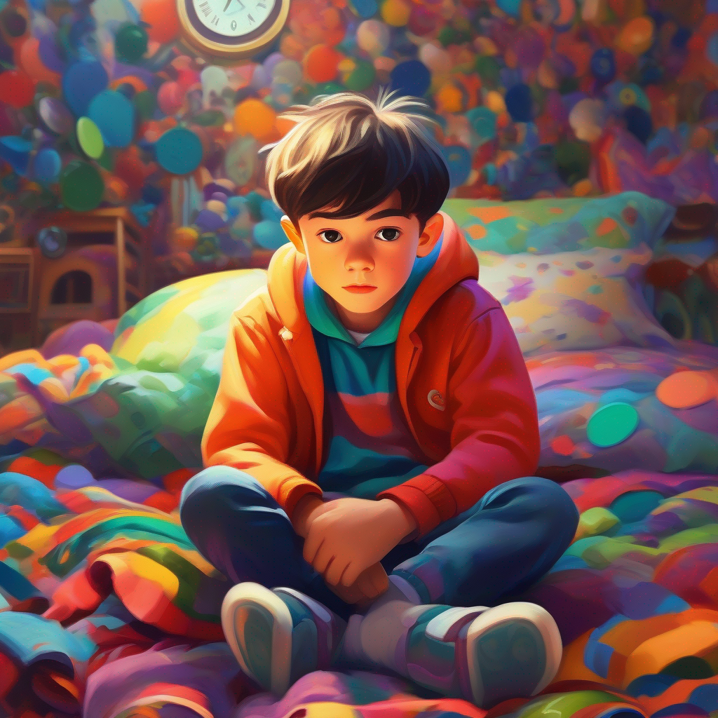 Max, a determined and smart boy, wearing colorful clothes sitting on a messy bed, wearied by colorful clocks