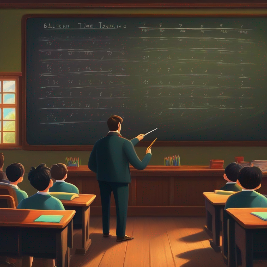 Teacher in a classroom with a blackboard explaining time blocking