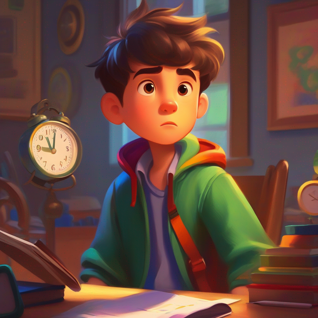 Max, a determined and smart boy, wearing colorful clothes sitting at a desk with a calendar and clock, determined expression