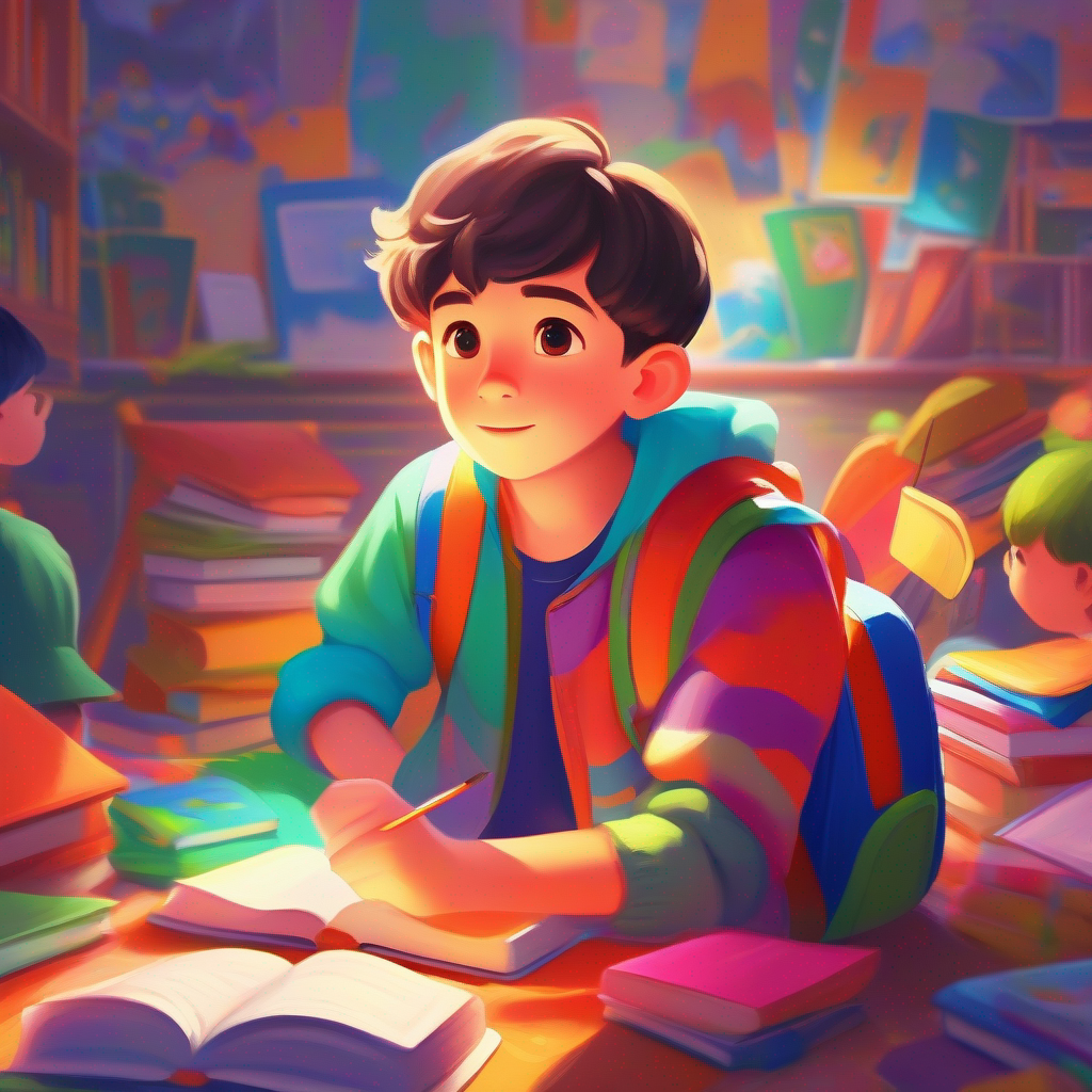 Max, a determined and smart boy, wearing colorful clothes with friends studying together, bright and colorful
