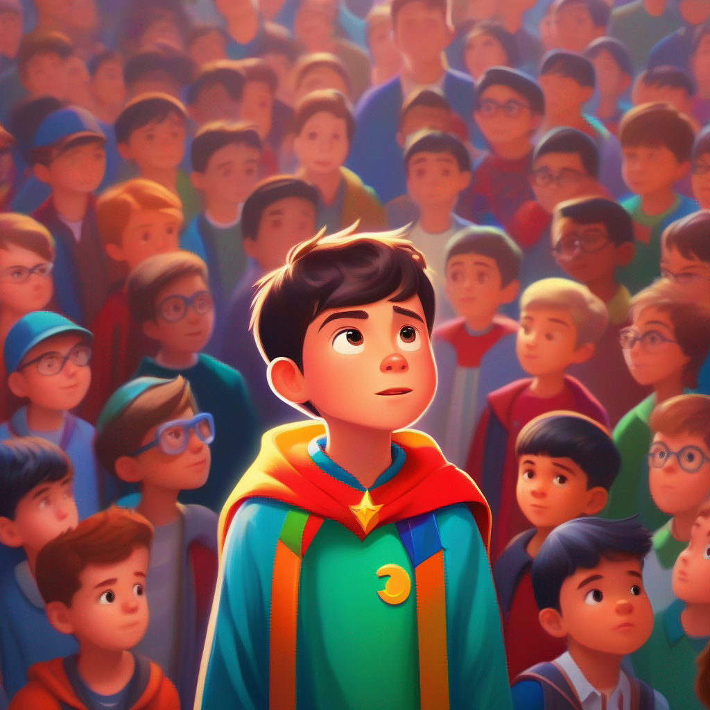 Max, a determined and smart boy, wearing colorful clothes with a superhero cape, surrounded by classmates looking up to him