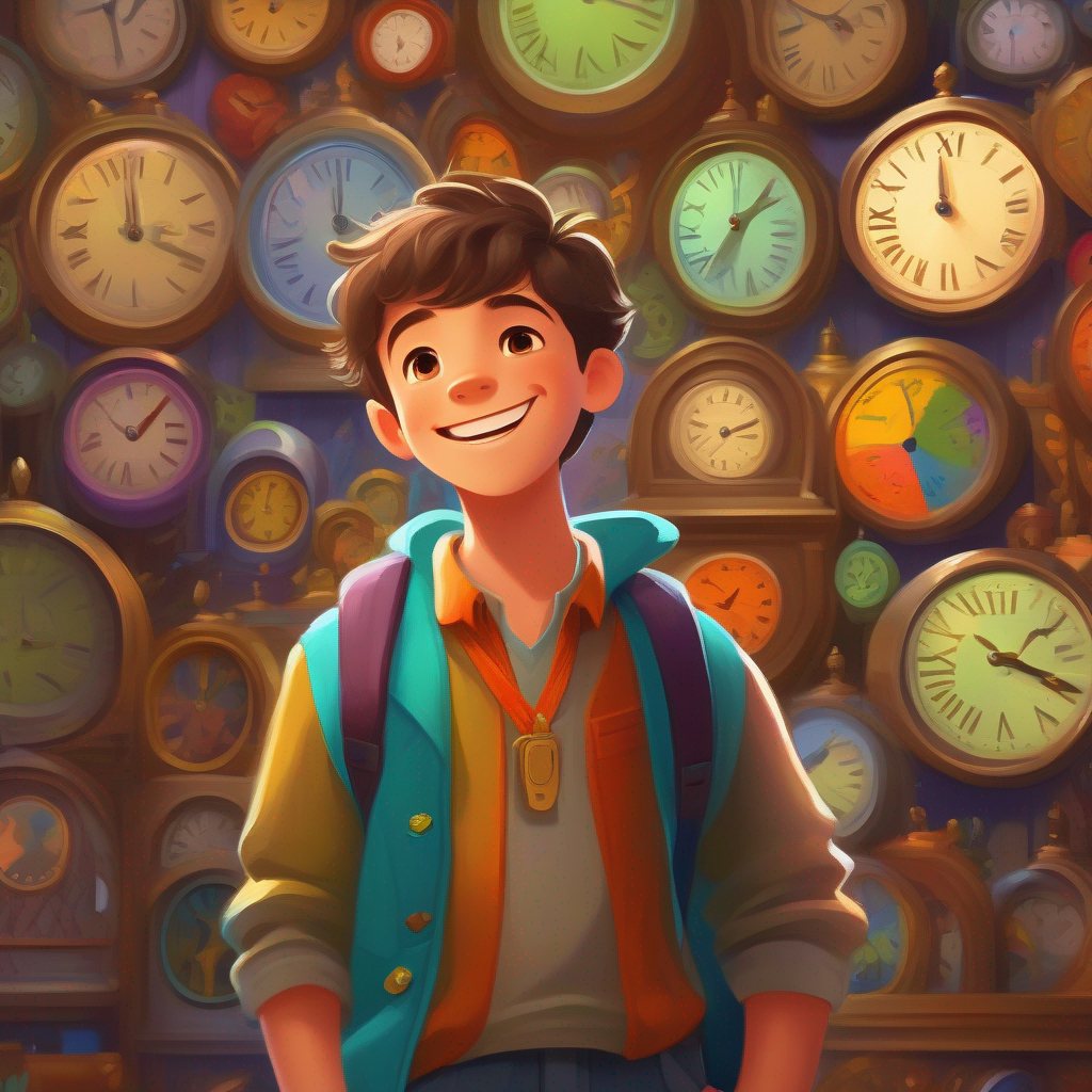 Max, a determined and smart boy, wearing colorful clothes with a big smile, surrounded by clocks and calendars
