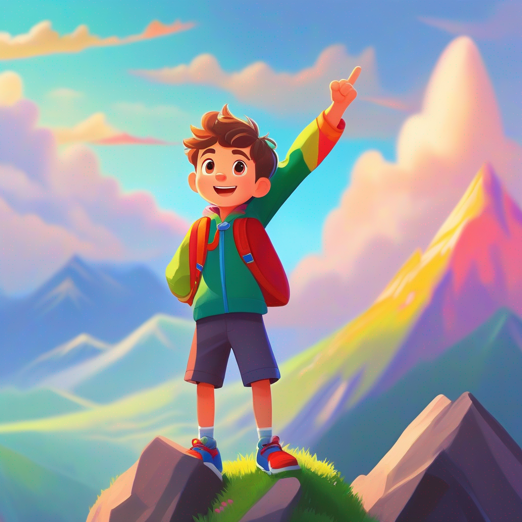 Max, a determined and smart boy, wearing colorful clothes standing on a mountain top, triumphant and confident
