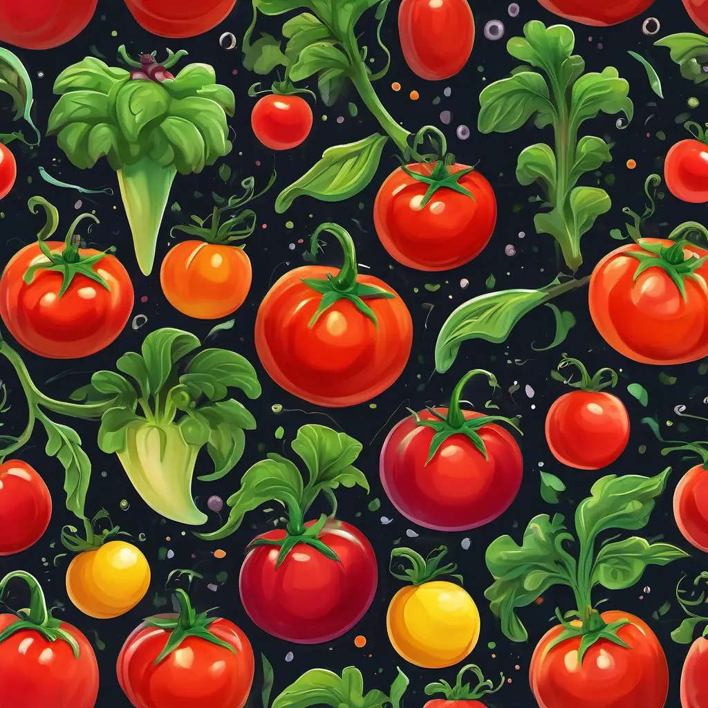 The story begins in a colorful vegetable garden with Juicy red tomato with sparkling green eyes, radiating energy and enthusiasm, a red tomato, surrounded by tall and stunning eggplants.