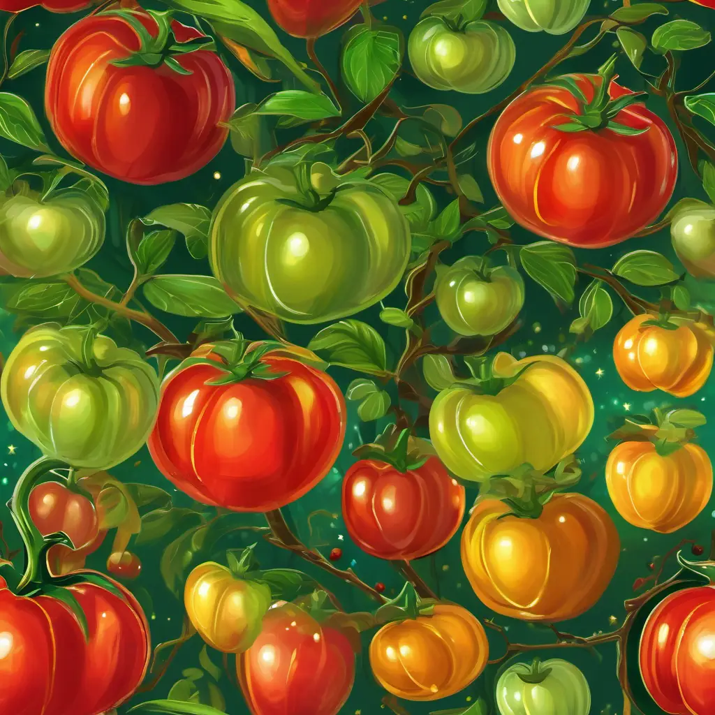 Juicy red tomato with sparkling green eyes, radiating energy and enthusiasm seeks guidance from Wise and kind fruit with a golden-yellow skin and wise, twinkling brown eyes, a wise fruit, under the shade of an old apple tree.