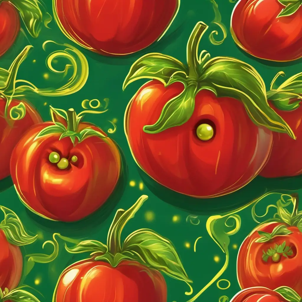 Juicy red tomato with sparkling green eyes, radiating energy and enthusiasm learns a valuable lesson from Wise and kind fruit with a golden-yellow skin and wise, twinkling brown eyes and discovers the beauty of being a tomato.