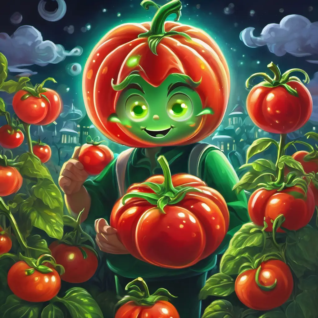 Juicy red tomato with sparkling green eyes, radiating energy and enthusiasm embraces his unique qualities and spends his days helping others in the garden.