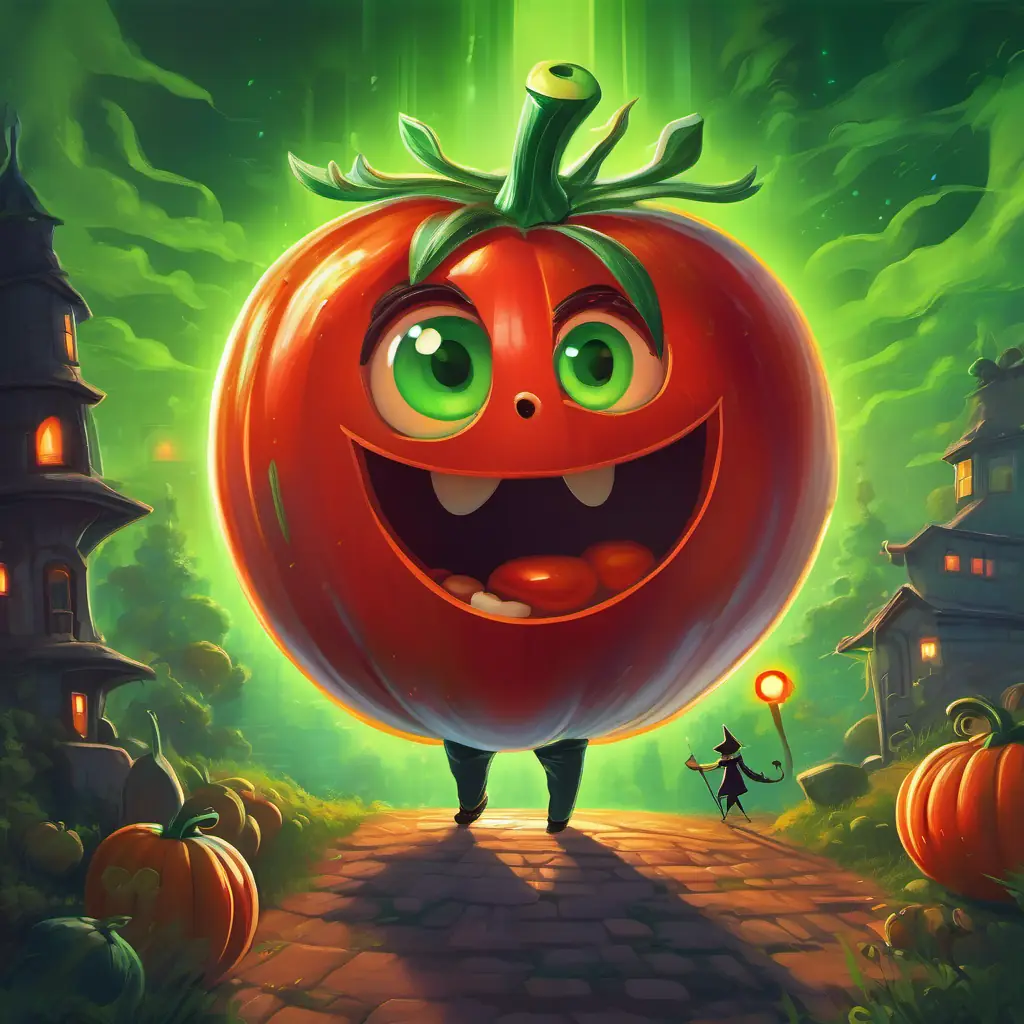 Juicy red tomato with sparkling green eyes, radiating energy and enthusiasm's friends admire his problem-solving skills and realize the importance of embracing one's true identity.