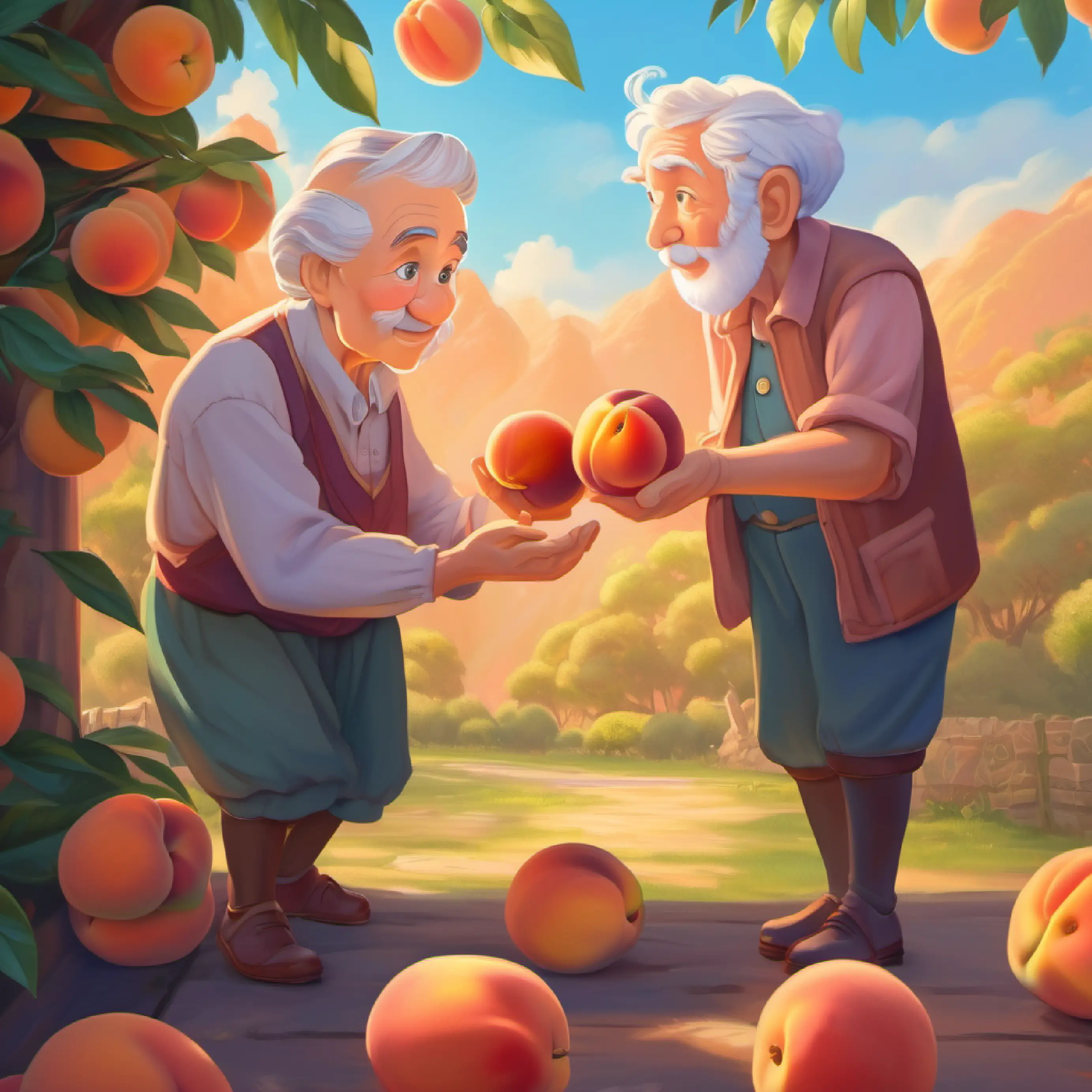 Old couple opens the peach to find boy inside, names him Brave boy with peachy skin and bright, curious eyes