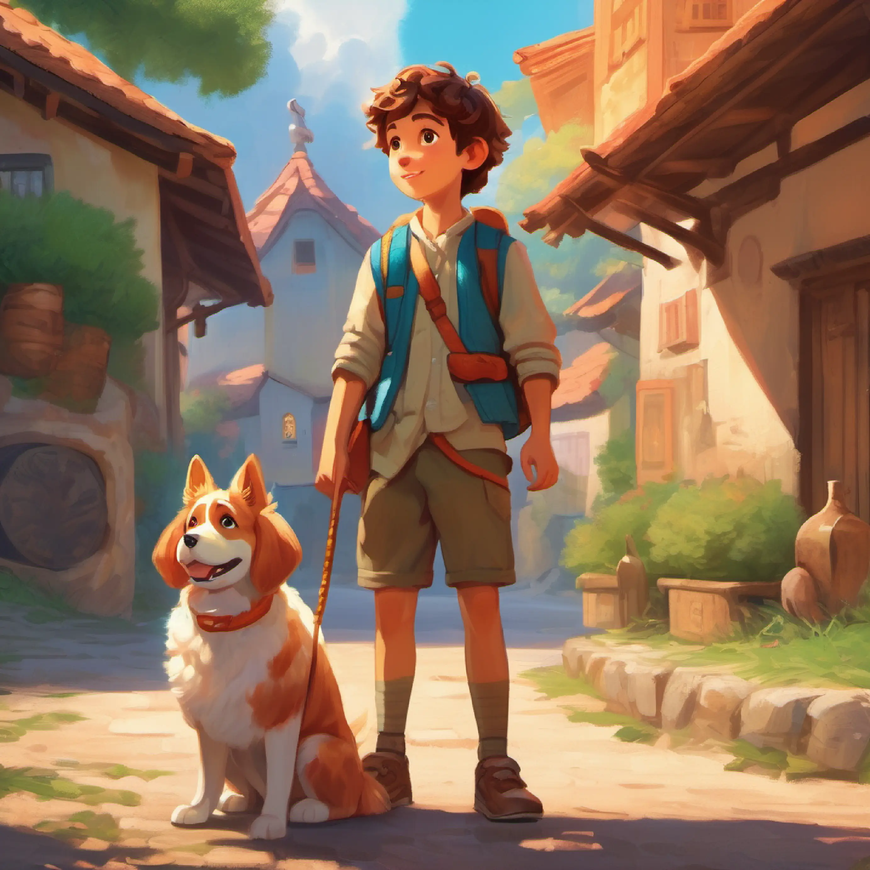 Brave boy with peachy skin and bright, curious eyes meets a talking dog and shares kibi-dango, becomes friends