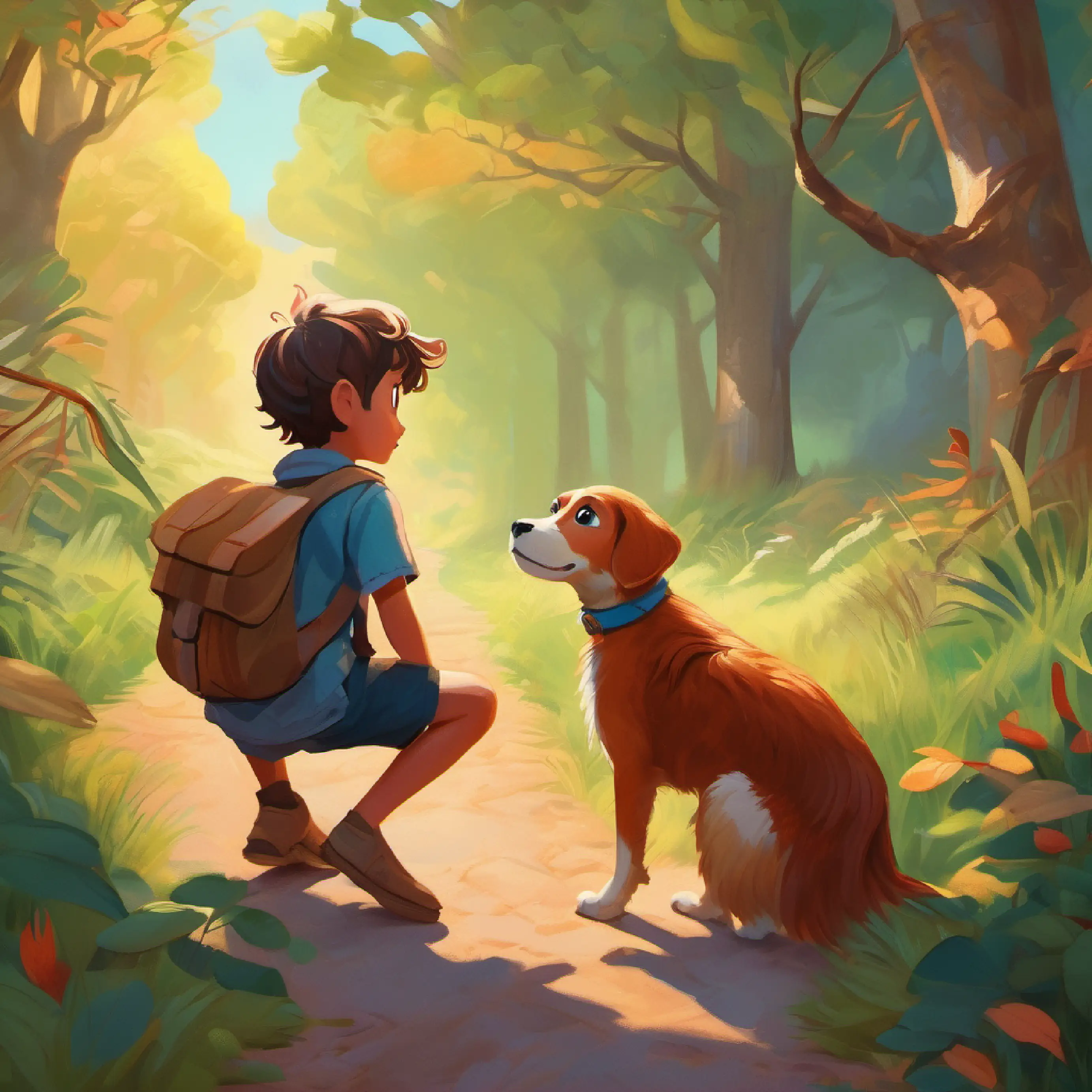 Dog and Brave boy with peachy skin and bright, curious eyes meet monkey and pheasant, who join the journey