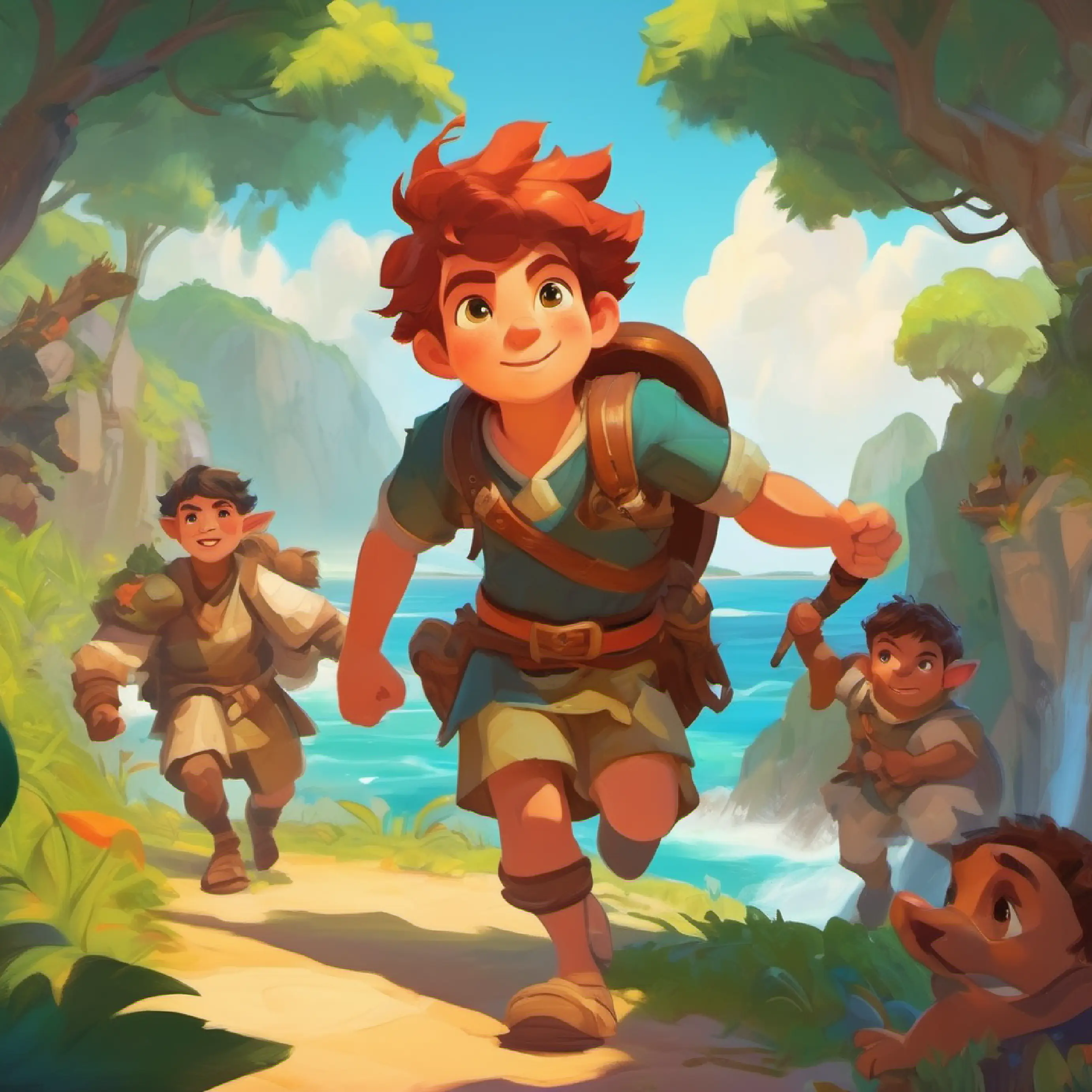 Brave boy with peachy skin and bright, curious eyes and friends reach island, overcome challenges, and fight ogres