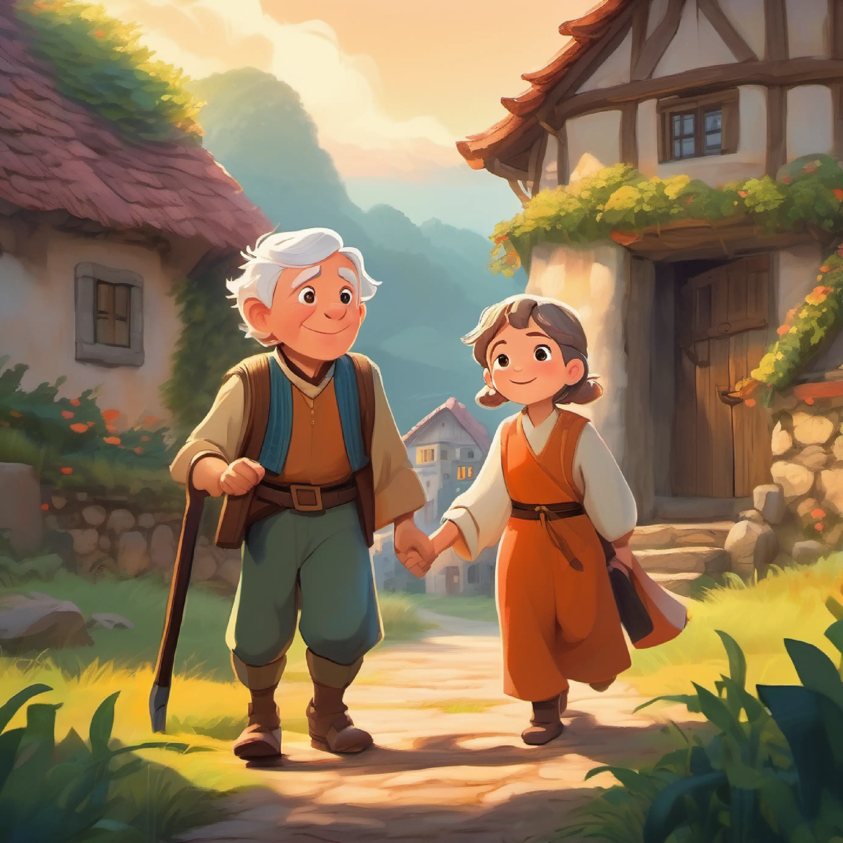 Brave boy with peachy skin and bright, curious eyes returns home as a hero; the old couple and village celebrate