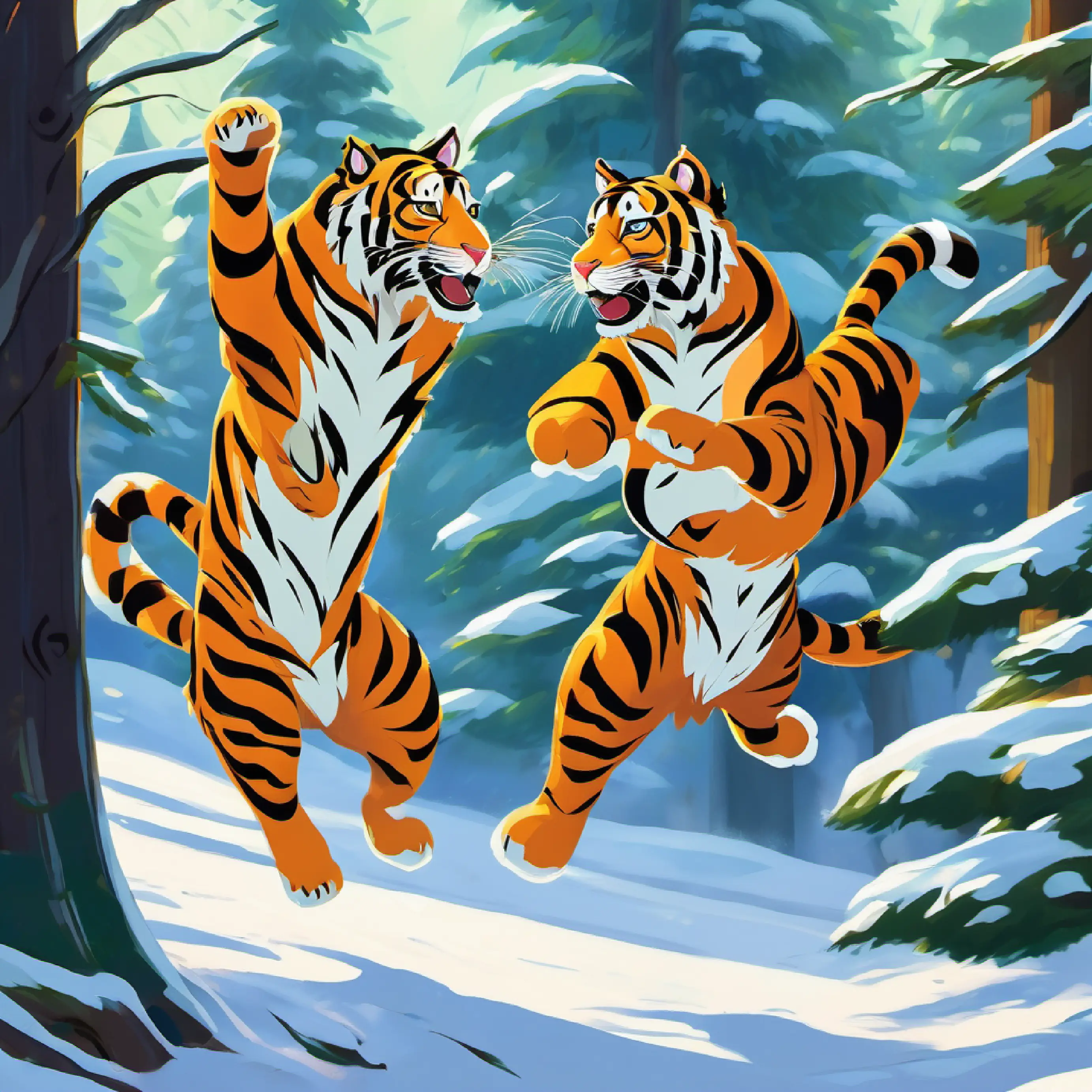 Two tigers jumping. One leaves, one stays. Forest setting.