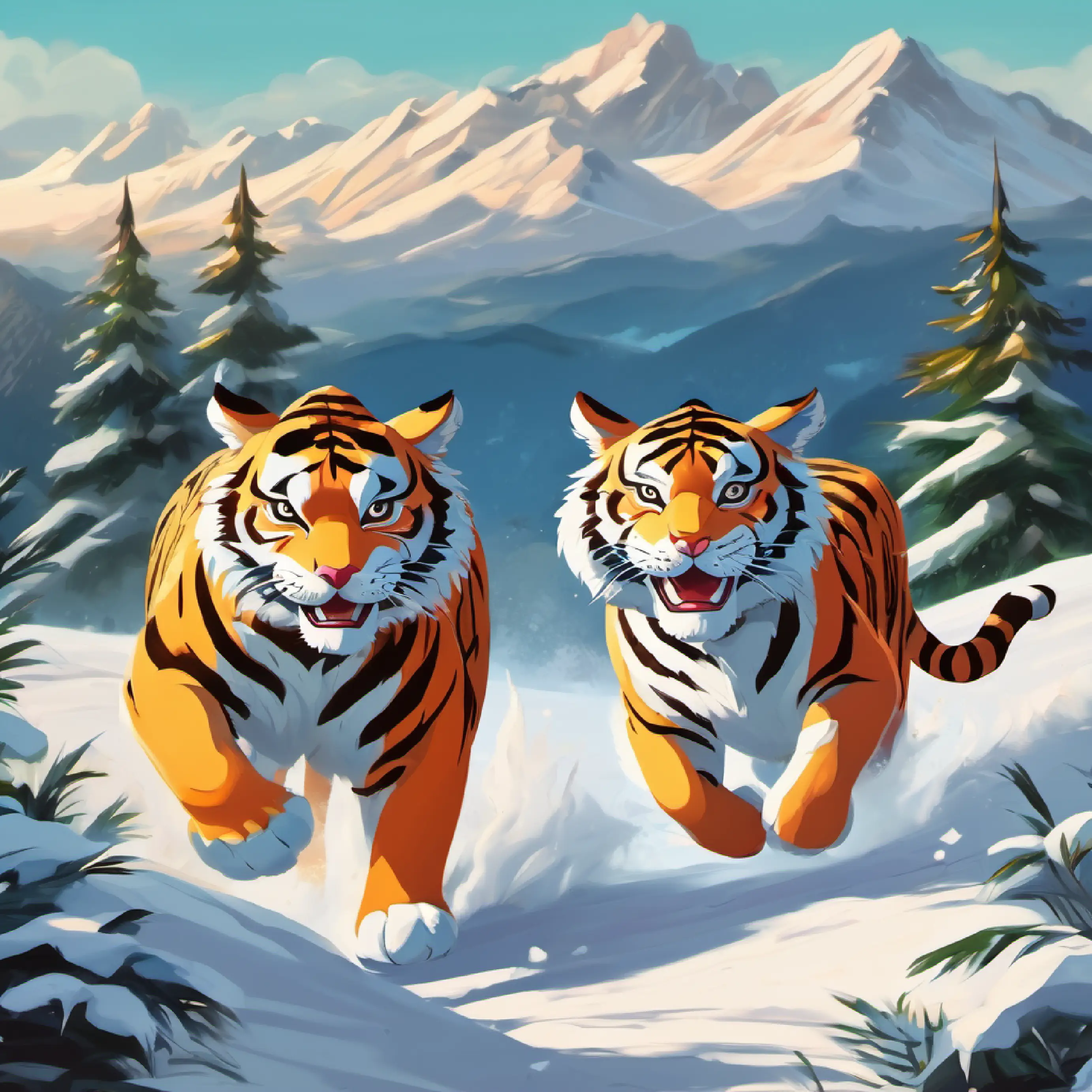 Two tigers running. One cries, one smiles. Mountain backdrop.