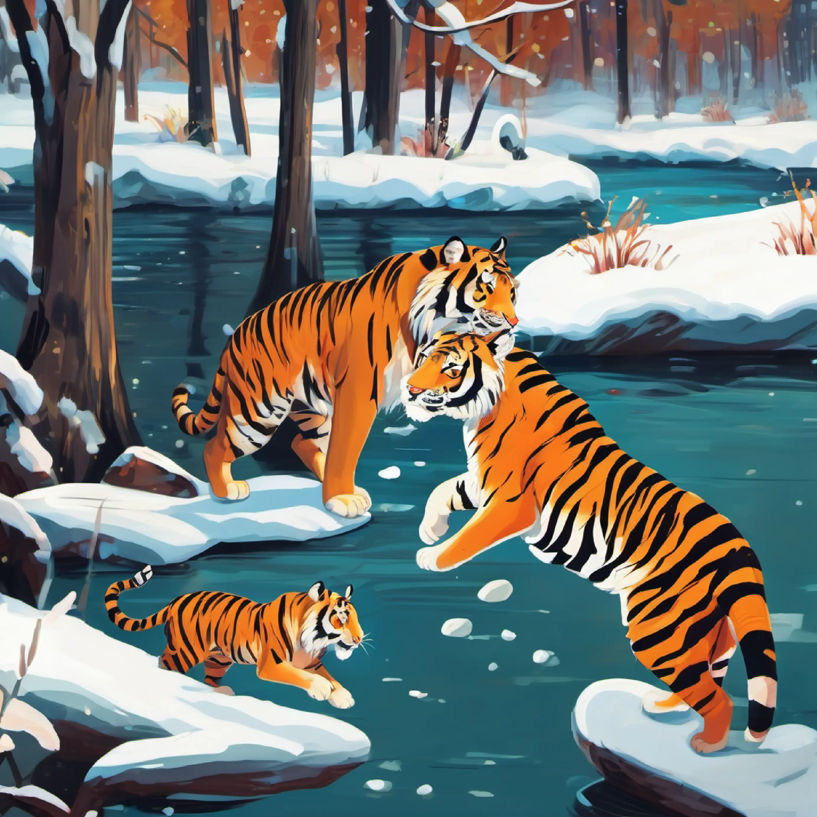Two tigers catch one. Surprise and comfort by the river.