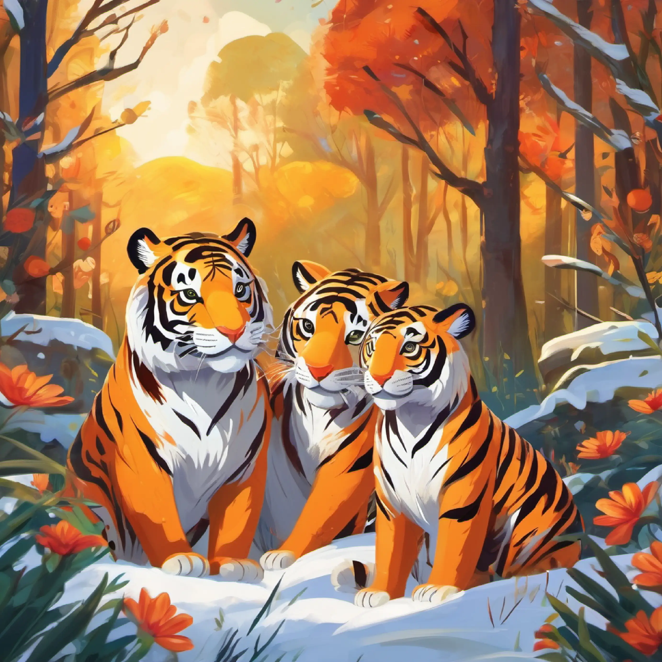 Two tigers share food. Generosity and gratitude in the meadow.