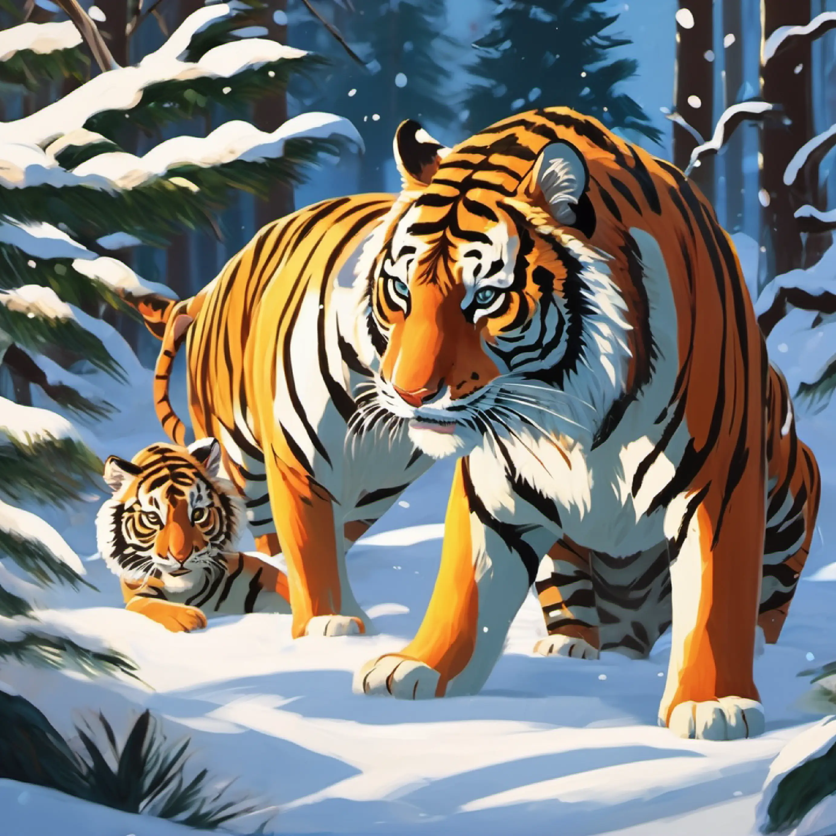 Two tigers playing together. Playfulness and patience in the clearing.