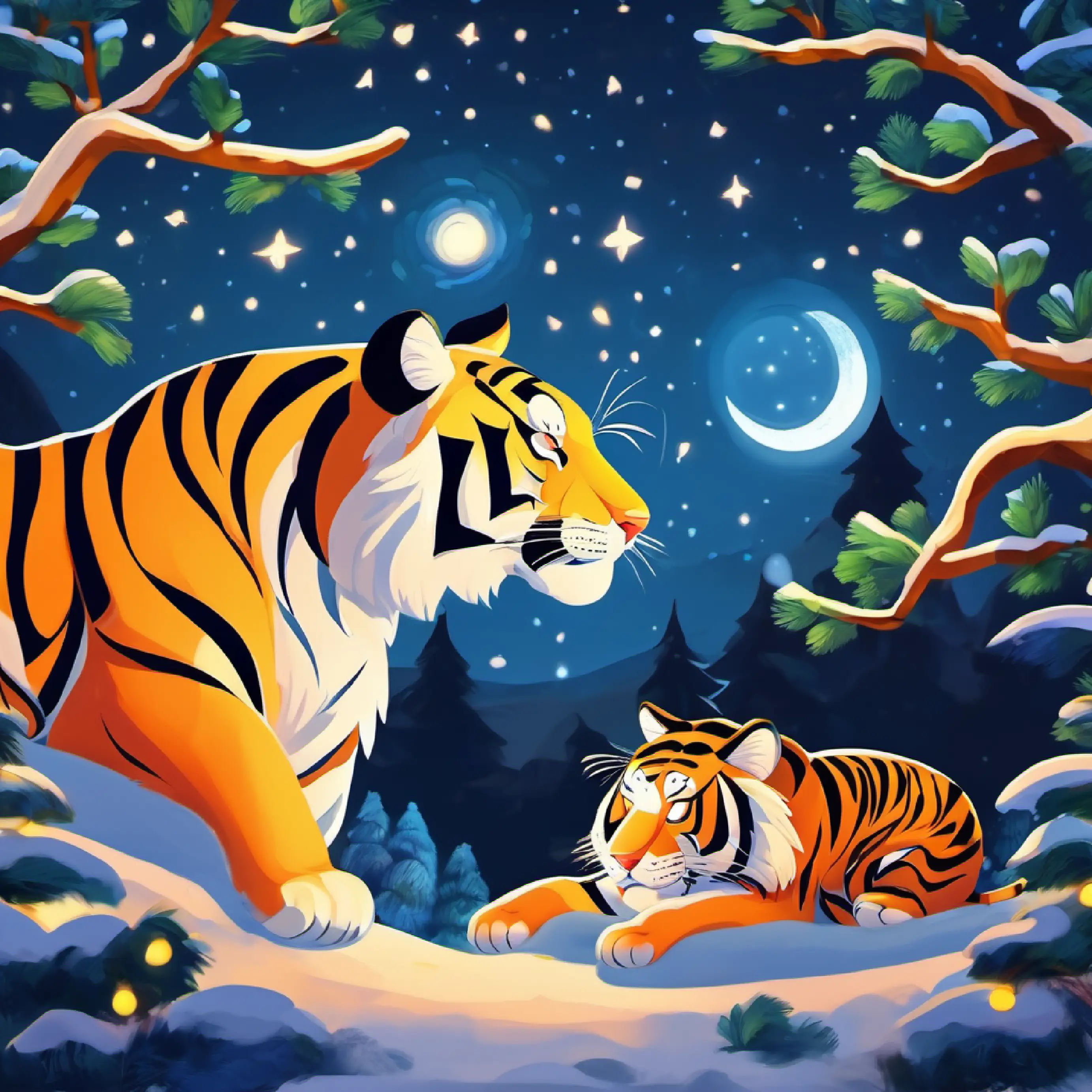 Two tigers sleeping. One snores, one dreams under the stars.